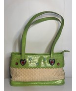 Green &amp; Beige Woven Handbag With Heart Accents &amp; Floral Details Y2k 2000... - $23.07