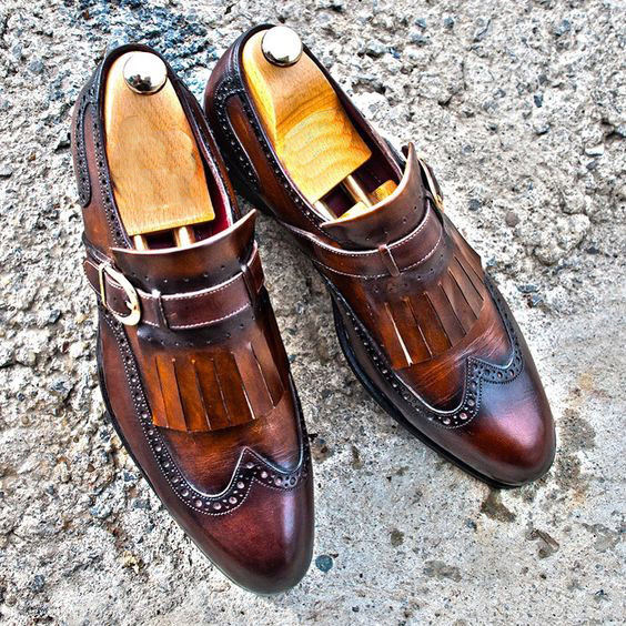 Brown Monk Single Buckle Strap Handmade Fringed Wing Tip Genuine Leather Shoes