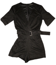 Zara Trafaluc Women&#39;s XS Black Faux Suede V Neck Belted Romper Pockets EUC - £23.53 GBP