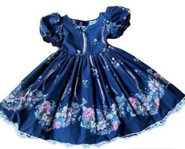 Vtg 80s Daisy Kingdom Factory Dress Blue Floral Lace Short Puffy Sleeve Pleats - £93.32 GBP