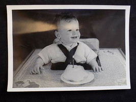 Vintage Photo Smiling Baby&#39;s First Birthday Cake &amp; Candle W/ High Chair 5&quot; X 7&quot; - £5.06 GBP