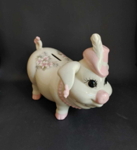 Vintage Piggy Bank Atlantic Mold Coin Pink White Flowers Feather Hat Ear... - $34.60