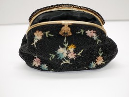 Victorian Antique Micro Beaded Black Floral Made in France w/ Ornate Clasp - £59.94 GBP