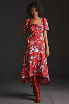 New Anthropologie Maeve Puff-Sleeve Dress $160 SIZE 6 Red - £61.92 GBP