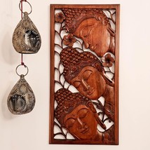Three Buddha Peace Dharma Yoga Long Hand Carved Wood Art - £266.18 GBP