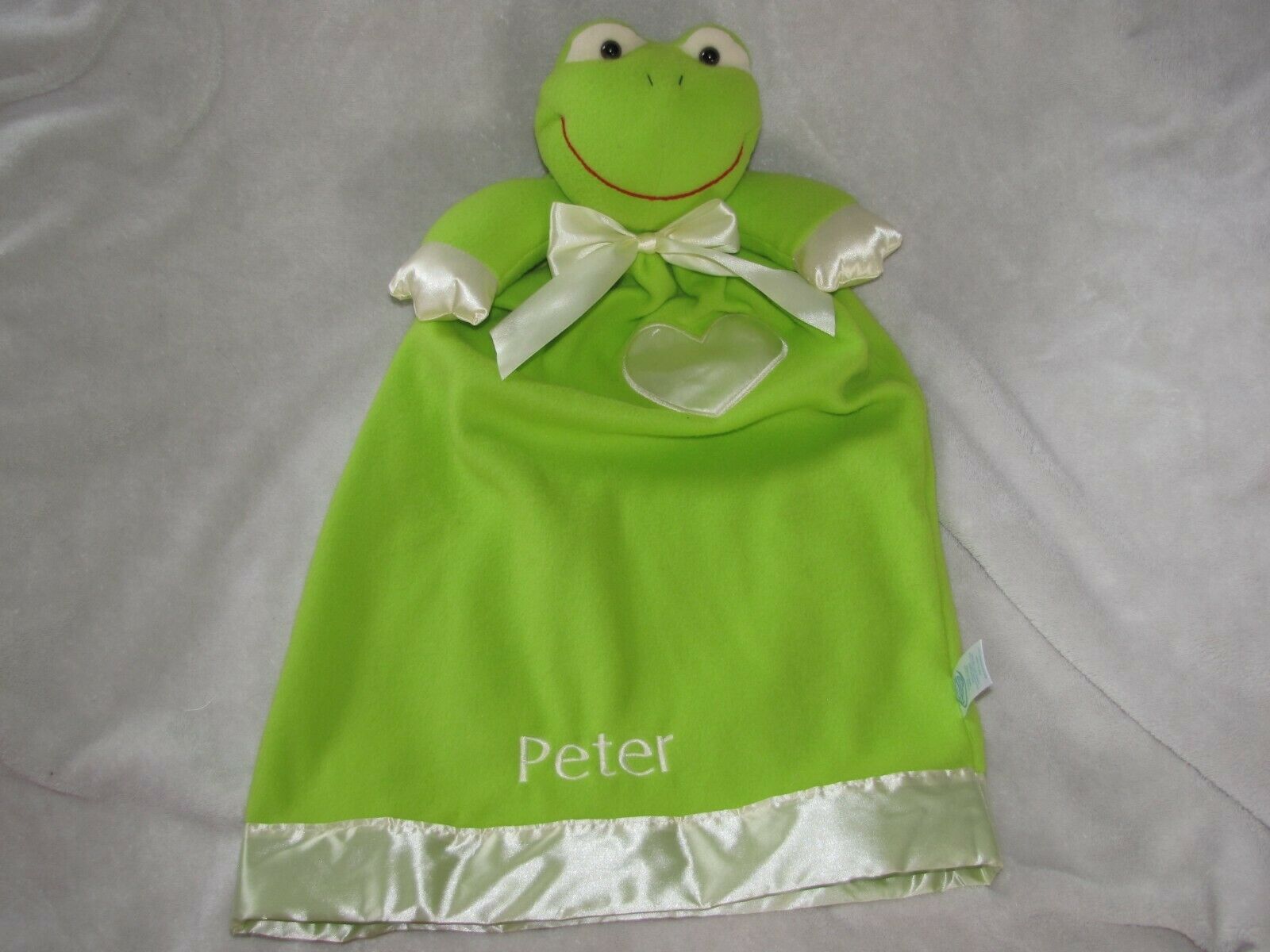 Komet Creations Green Frog Lovey Security Blanket Frankie Frog Satin Heart Trim - $49.49
