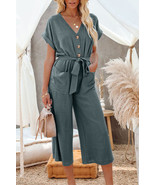 Blue Dolman Button Belted V Neck Wide Leg Pocketed Jumpsuit - $614.68 MXN
