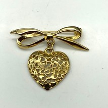 Elegant Vintage Bow Brooch with Dangling Pierced Heart Pendant, Love Lapel Pin - £22.37 GBP
