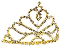 Heart Shaped Gold Rhinestone Tiara Princess Crown Wedding Sweet 16 Mis Quince - £19.65 GBP