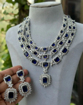 Indian Silver Plated Bollywood Nigerian Style CZ Necklace Sapphire Jewelry Set - £150.65 GBP