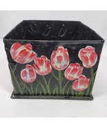 Vintage 1980s Pink Tulip Metal Planter 6x6x5 Inch Square Hand Painted - £18.19 GBP