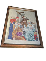 Vintage Framed Nativity Scene Stretched Needlework Picture Christmas - $24.75