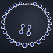 CZ Big Round Cubic Zirconia Luxury Bridal Wedding Royal Blue Stone Necklace and  - £45.51 GBP