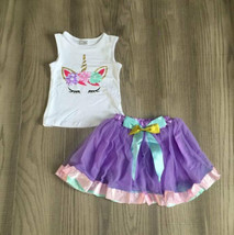 NEW Boutique Flower Unicorn Tank Top Purple Tutu Girls Outfit Set  - $8.50