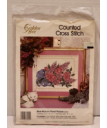 Golden Bee Counted Cross Stitch Blue Ribbon Floral Picture Candamar 1991 - £7.00 GBP
