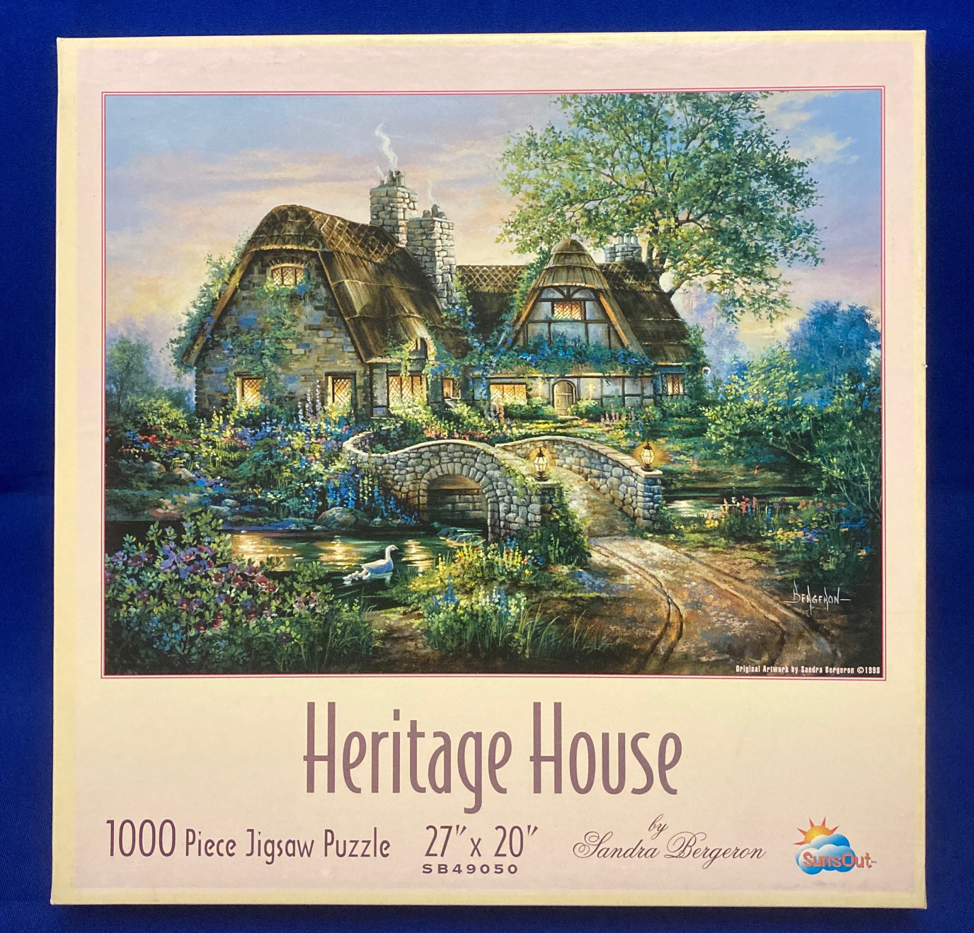 SunsOut puzzle Heritage House 1000 piece Sandra Bergeron cottage stone bridge - $4.00