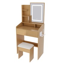 Modern Wood Vanity Desk: LED Mirror, Outlet, Hairdryer Holder, Stool - $128.99