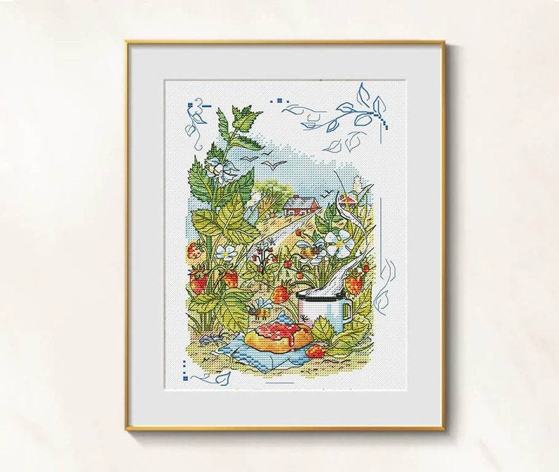 Strawberry cross stitch summer mood pattern pdf - Cottagecore embroidery... - $9.69