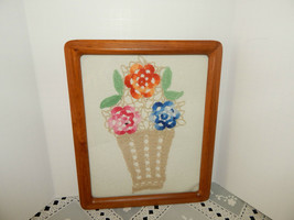 Beautiful Wood Frame Crochet Art Flower Basket~Mint Work~Colorful On Aida Cloth - £19.69 GBP
