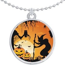 Witch Bats Pumpkins Halloween Round Pendant Necklace Beautiful Fashion Jewelry - £8.60 GBP