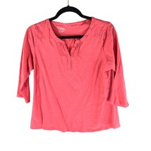 LL Bean Womens Top Organic Cotton Slub Knit 3/4 Sleeve Split Neck Pink M Petite - £11.58 GBP