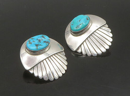 NAVAJO 925 Sterling Silver - Vintage Turquoise Scalloped Drop Earrings - EG11380 - £109.18 GBP