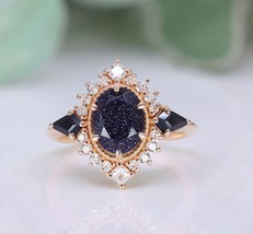 Handmade Oval Blue Sandstone 925 Silver Rose Gold Plated Dainty Halo Ring - £52.31 GBP