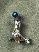 Vintage Gerry’s Signed Dimensional Silvertone Seal Balancing Blue Moonglow Bead  - £10.46 GBP