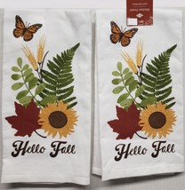 Set Of 2 Same Cotton Towels(16&quot;x26&quot;)SUNFLOWER,LEAVES &amp; BUTTERFLY,HELLO F... - $15.83