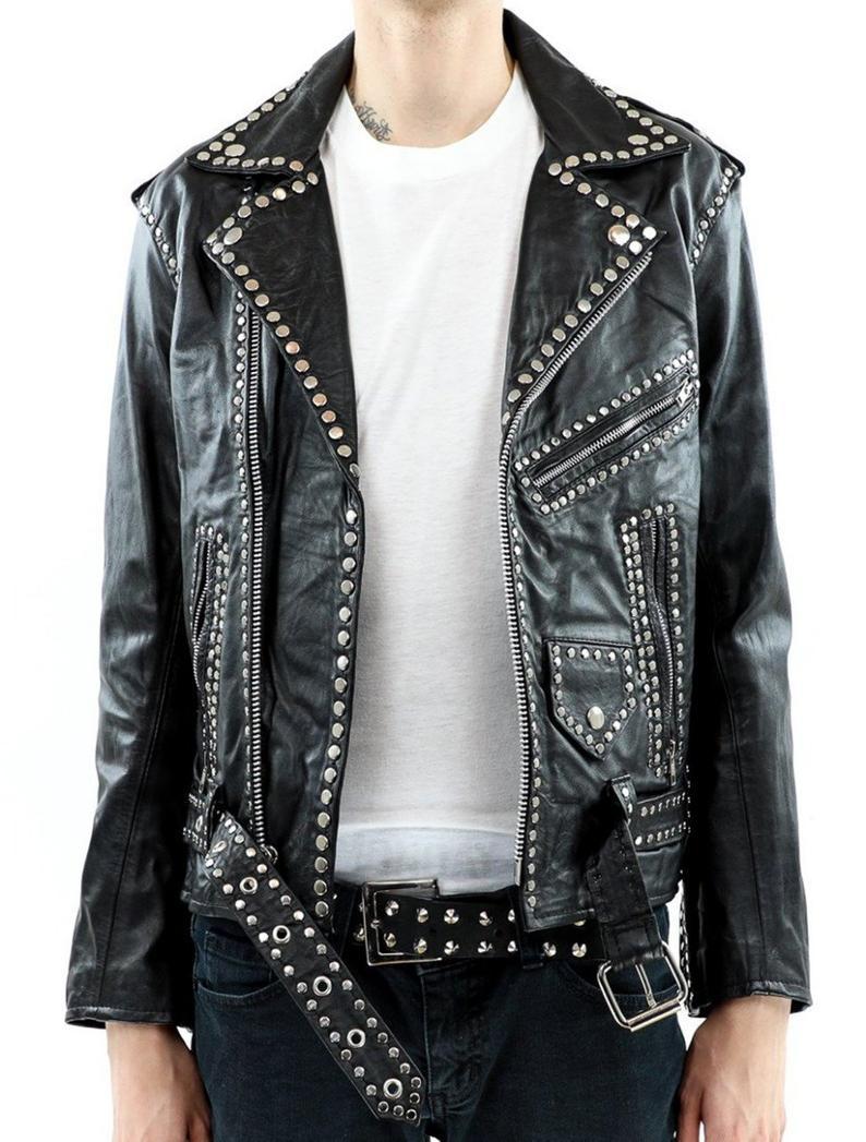 Men Silver Studded Jacket Black Punk Silver Spiked Leather Belted Biker Jacket S