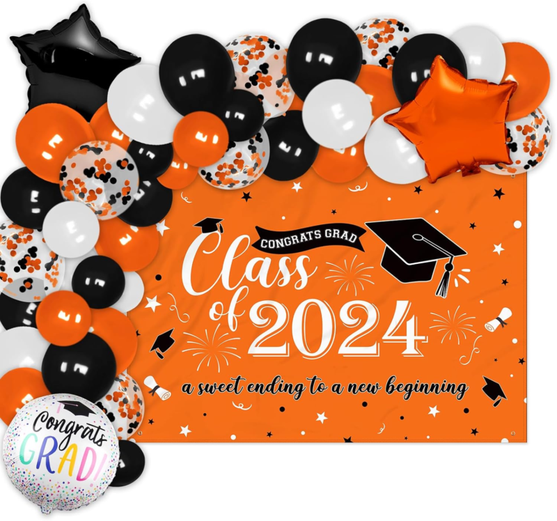 Orange Graduation Photo Backdrop Banner and Balloons Garland Class of