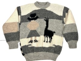 Vintage Ugly Sweater LLAMA Intarsia  Gray Brown Large Retro 80s Unisex - £103.40 GBP