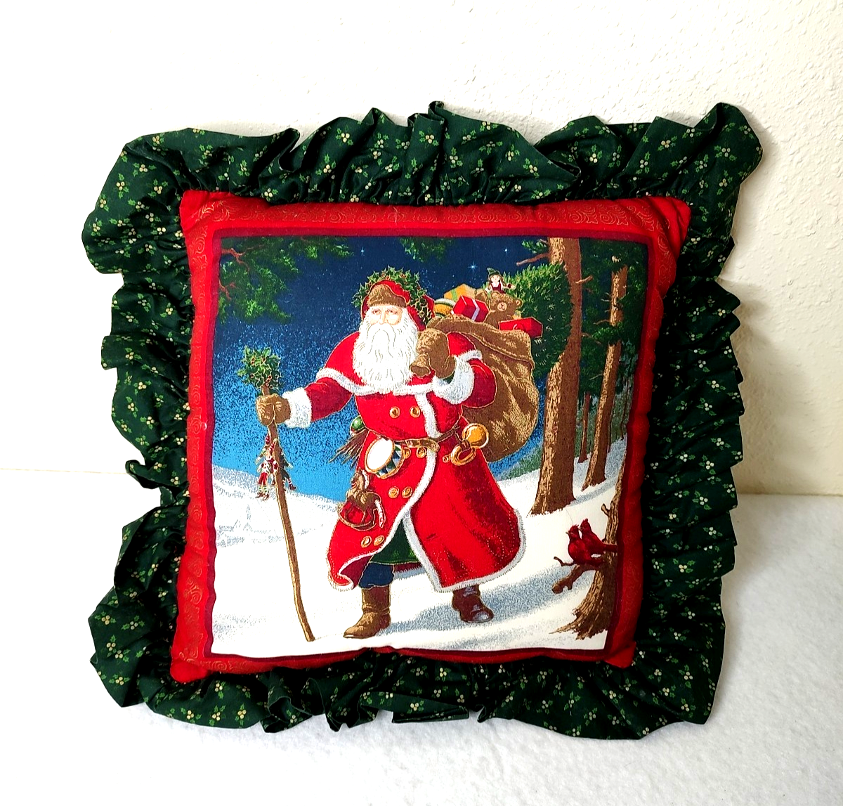 Handmade Christmas Quilt Pillow Santa Claus Reindeer Nature 14x14 Ruffle... - $16.82