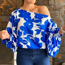 Casual Graphic One Cold  Shoulder Puff Sleeve Blouse - £25.91 GBP