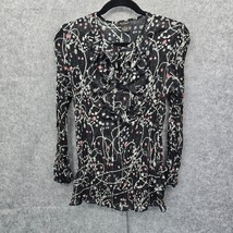 New Options Blouse Woman Medium Black Floral Sheer Ruffled Stretch Fitted Sleeve - $11.20