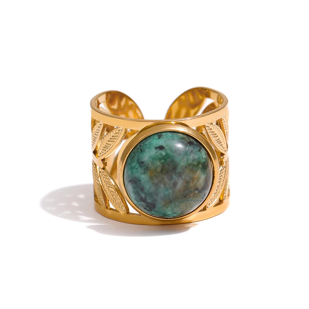 Stainless Steel Green Natural Turquoise Opening Ring Statement Golden 18 K Plate - £12.22 GBP