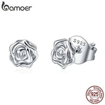 BAMOER Authentic 925 Silver Romantic Rose Flower Stud Earrings for Women Fashion - £16.06 GBP