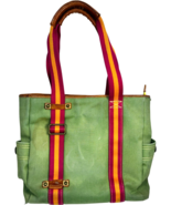 Gap 1929 Green w/ Pink/Orange stripes Canvas Tote Bag brown leather trim... - $869.27 MXN