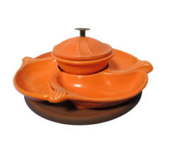 Vintage 1960s Lazy Susan 5 Piece Set Ceramic Wood Orange #2501-2503 - £58.66 GBP
