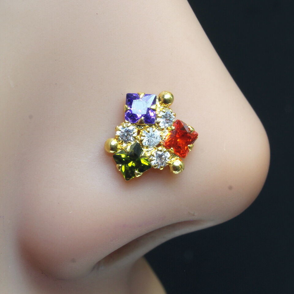 Cute Indian Nose ring Multi-color CZ Twisted piercing L Bend nose ring