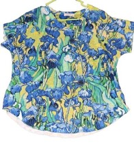 Jess and Jane Sz M Tunic Top Womens Blue Colorful Iris Floral Short Sleeve USA  - £23.94 GBP