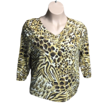 August Silk V-Neck Blouse Shirt Stretch ~ Sz XL ~ 3/4 Sleeve ~ Yellow &amp; Brown - £15.50 GBP