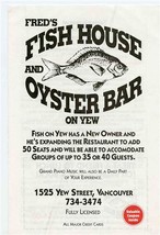 Fred&#39;s Fish House &amp; Oyster Bar on Yew Menu Yew St at Kitsilano Beach Van... - £17.20 GBP