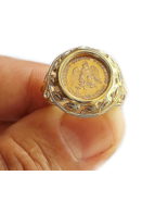 Mexican dos pesos gold coin ring, 2 pesos gold coin ring leaf design for... - $720.00+