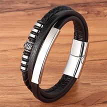 Geometrically Irregular Graphics Stainless Steel Genuine Leather Bracelet Black/ - £13.69 GBP