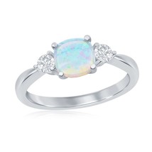 Sterling Silver Square Opal and Round CZ Ring - £27.50 GBP