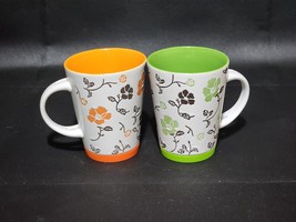 PIER ONE Ceramic Orange &amp; Green Floral Mugs With REMOVABLE Rubber No Ski... - £21.17 GBP