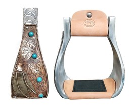 Western 6&quot; Wide Copper Engraved Feather Turquoise Stone Bell Stirrups 51257 - $69.29