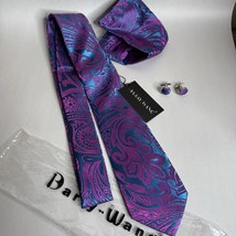 Barry Wang Paisley Tie Silk Blue &amp; Purple Necktie Cuff Links Pocket Square - $18.00