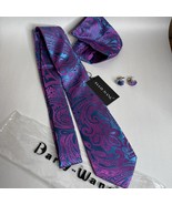 Barry Wang Paisley Tie Silk Blue &amp; Purple Necktie Cuff Links Pocket Square - $24.61 CAD